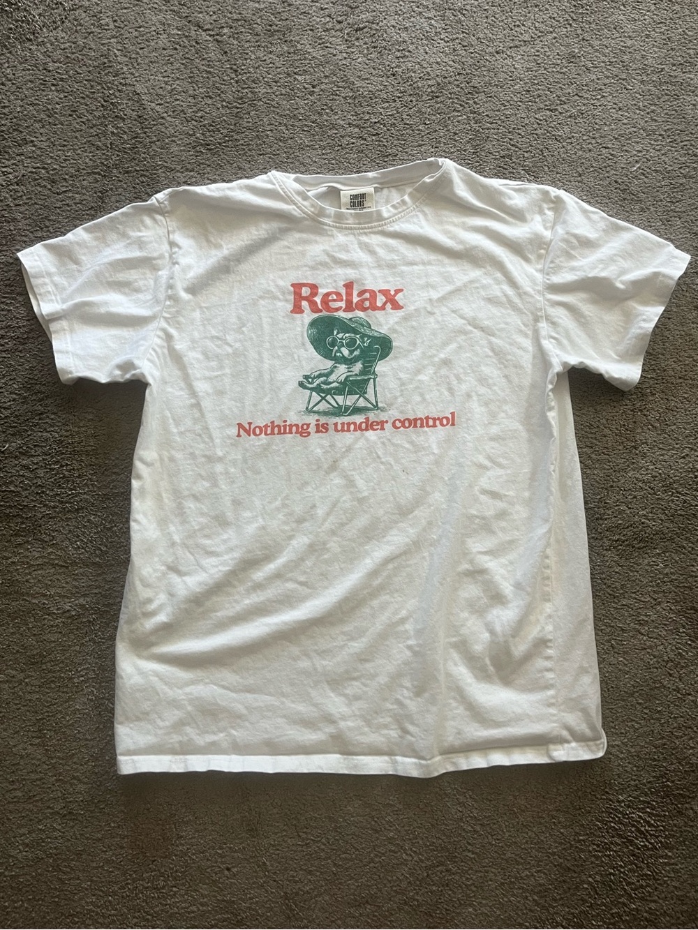 French bulldog. Comfort Colors White Tee with Red 'Relax' & Green Chair Graphic
